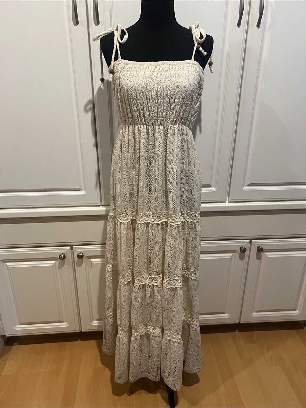 Boho Lace Tie-Shoulder Maxi Dress in Cream